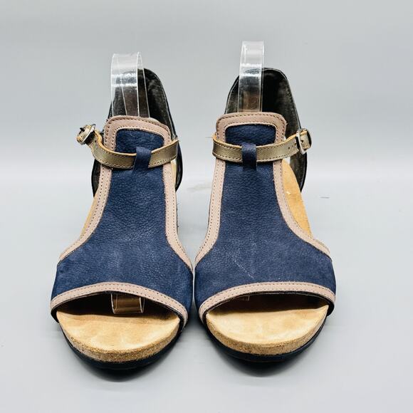 Naot Sandals Womens 9 Blue Leather Fiona Wedge Slingback T Strap Adjustable Cork - Picture 3 of 10